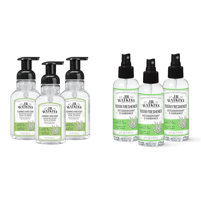 J.R. Watkins Bundle Aloe & Green Tea Foaming Hand Soap 9 fl oz 3 Pack + Aloe & Green Tea Room Freshener 4 fl oz 3 Pack