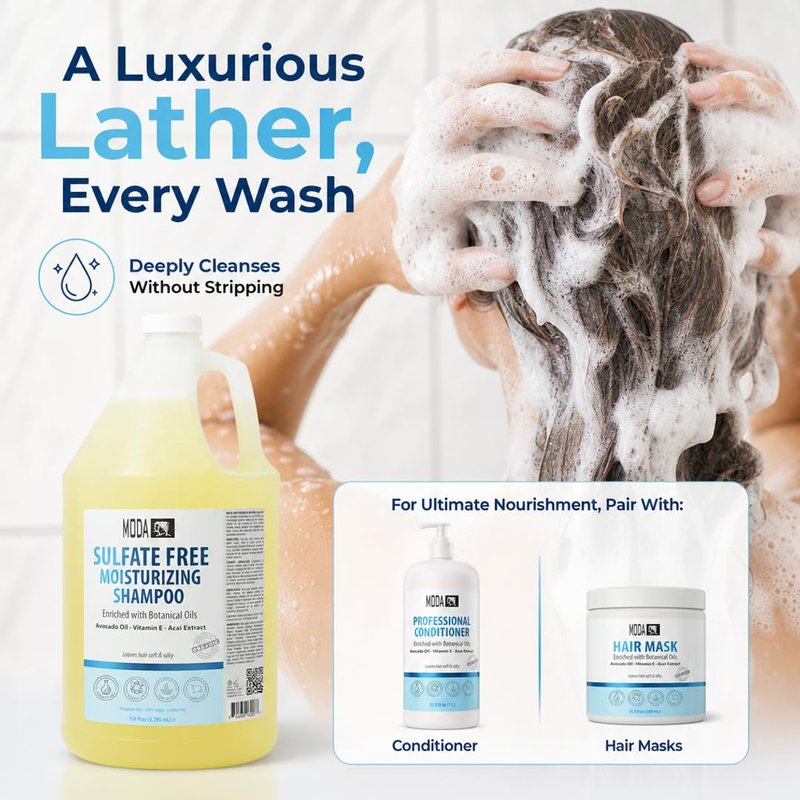 MODA Sulfate-Free Moisturizing Shampoo for All Hair Types - Professional - Deeply Cleanses and Conditions, Strengthens, Restores and Shines Hair - 1 GAL