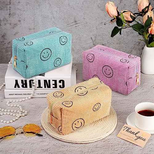 Photect 3 Pcs Corduroy Cosmetic Bag Smile Face Aesthetic Preppy Pencil Pouch Purse Travel Beauty Makeup Bags for School Christmas Women Holiday Organizer Gifts(Classic,Pink, Yellow, Green)