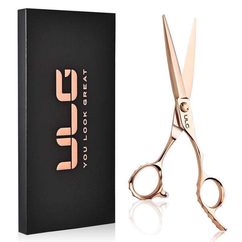 ULG Professional Hair Cutting Scissors with Luxury 18K Rose Gold Finish 6.5" Barber Scissors 440C Japanese Stainless Steel Hand-Honed Razor Sharp Blades Offset Handles Tension Adjustable, Right-Handed