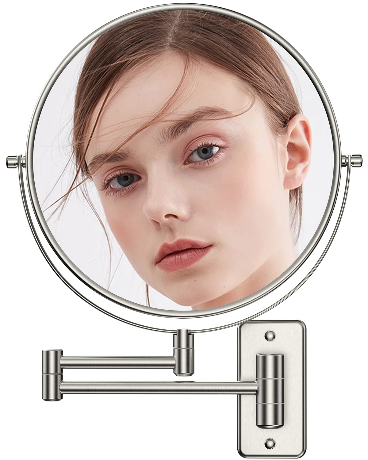 Benbilry 9" Large Size Wall Mounted Makeup Vanity Mirror, 1X/10X Magnifying Double Sided Shaving Mirror for Bathroom, 360° Swivel Extendable Arm, Nickel Finish