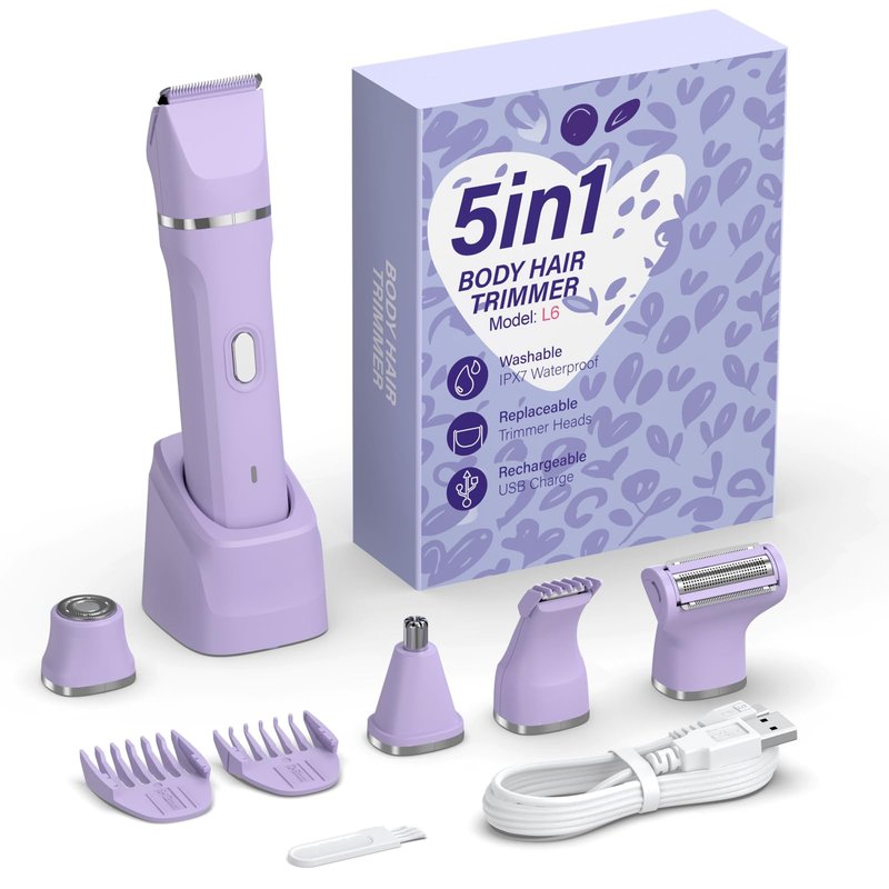 HOHOLE 5-in-1 Bikini Trimmer for Women, IPX7 Waterproof Electric Razors Shaver, Cordless Body Hair Trimmer, Facial & Pubic Hair Removal, Ceramic Blade (Purple)