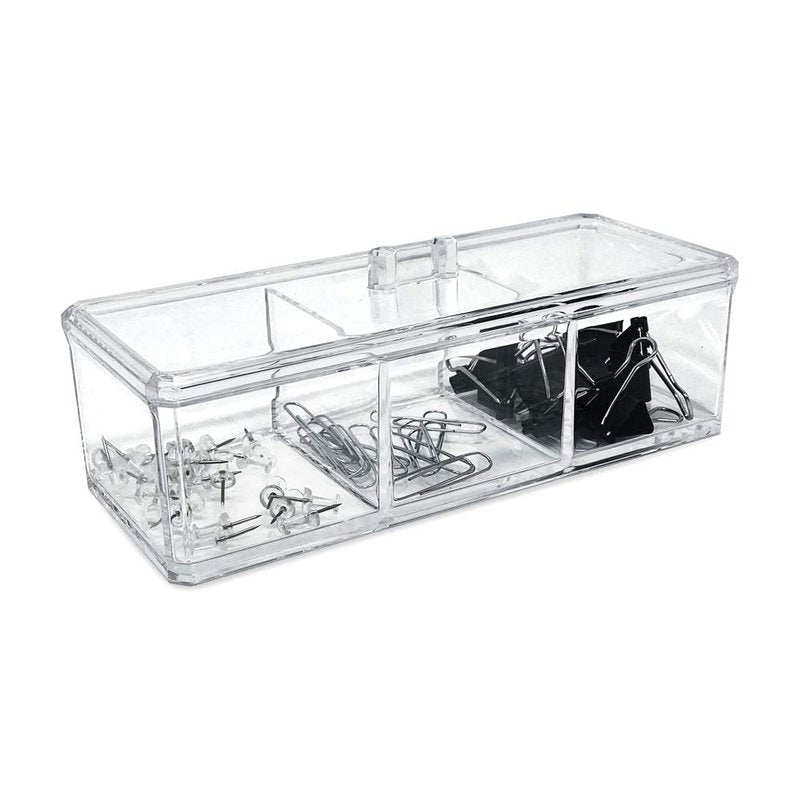 Isaac Jacobs 3-Compartment Clear Acrylic Rectangular Stackable Organizer with Lid, Multi-Sectional Drawer Tray, Storage Solution for Makeup, Craft Supplies, for Bathroom, Kitchen, Office (2, Clear)
