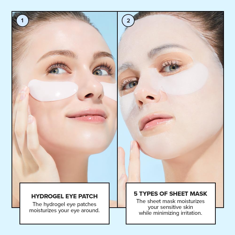 Collagen Sheet Mask Variety Pack - Hydrating Korean Face Masks with Eye Patches | 5-Day Skincare Set