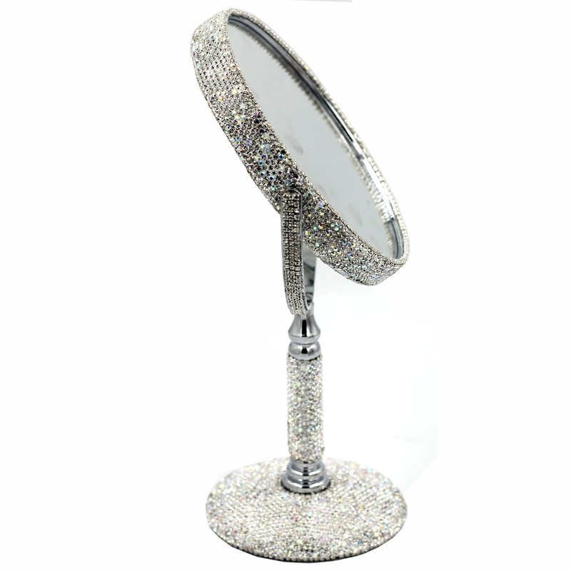 Bestbling Bling Rhinestone Double-Sided Tabletop Makeup Mirror, Round Metal Makeup Mirror with 1:2 Magnifying Mirror, Rotating Mirror (Silver)