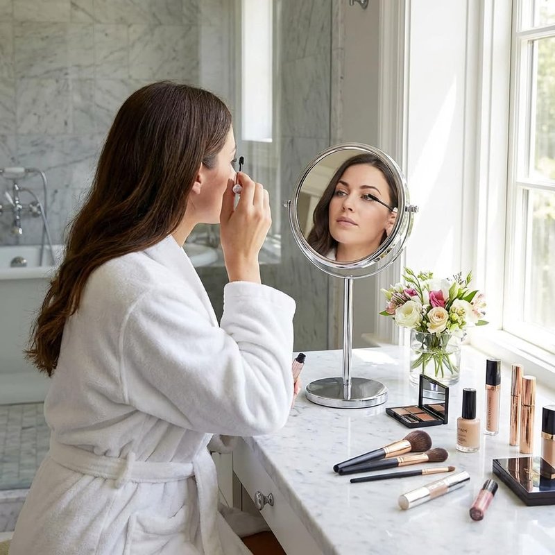 10X Magnifying Makeup Mirror on Round Stand for Tabletop, Bedroom Vanity Desk and Bathroom Counter - Free Standing Double Sided 10X/1X Magnification Mirror - 7" Wide and 14" Tall (Chrome)