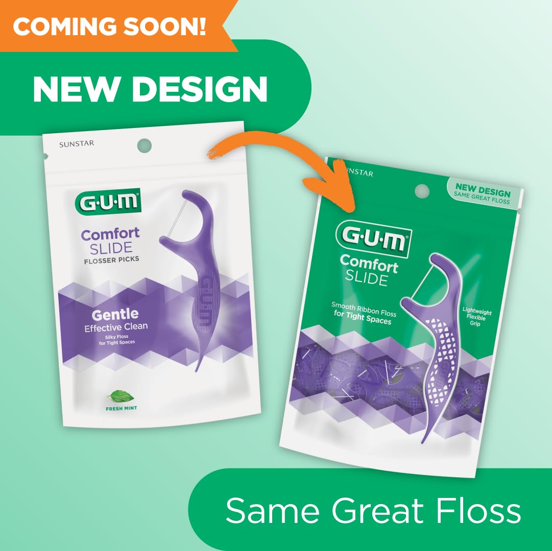 GUM Comfort Slide Floss Picks - Perfect for Tight Teeth - Extra Strong Shred-Resistant Dental Floss, Easy Grip Handle - Dental Flossers for Adults - Fresh Mint Flavor, 120 Count