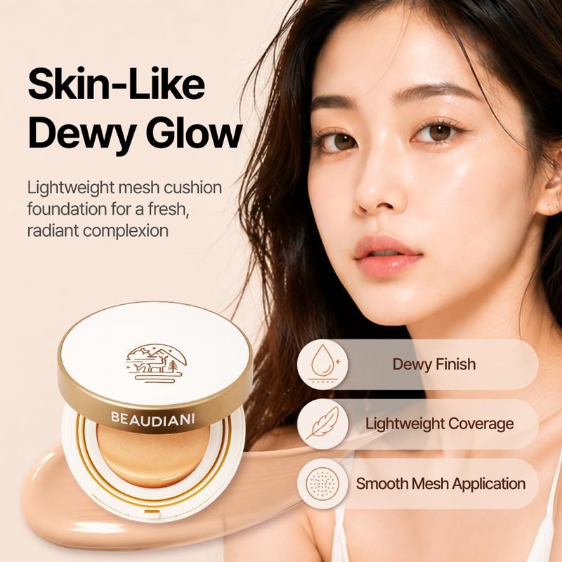 BEAUDIANI Mesh Glow Cushion Foundation, Korean Cushion Makeup Compact with Puff, Lightweight Buildable Coverage, Dewy Skin-Like Finish, Hydrating Formula, 12g, #1 Light Natural Daily (#21)