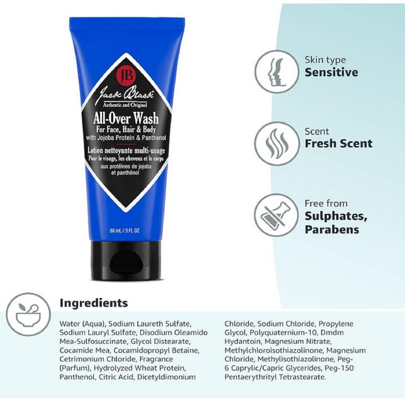 Jack Black All Over Wash Face, Body & Hair Cleanser, 3 Fl Oz – Citrus, Mint & Oakmoss – Mens Face Wash, Body Wash, Shampoo, Skin Care, Hair Care, Multi-Purpose Body Wash Men, Sulfate–Free