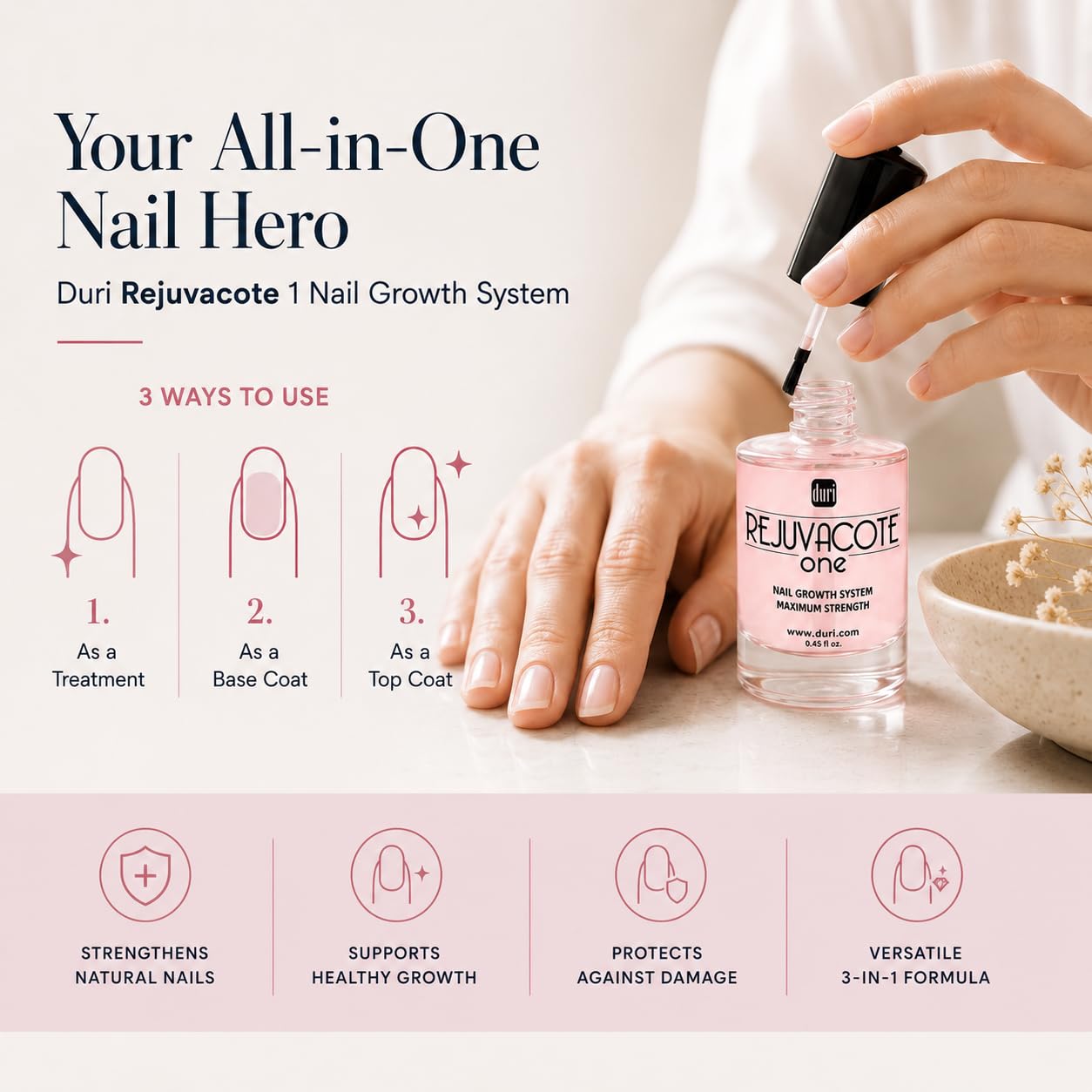 Duri Rejuvacote 1 Nail Growth System - Maximum Strength Nail Strengthener for Damaged Nails from Gel, Acrylic Manicure | Grow Long Natural Fingernails Fast - Rejuvacare Nail Hardener - 0.45 fl. oz.