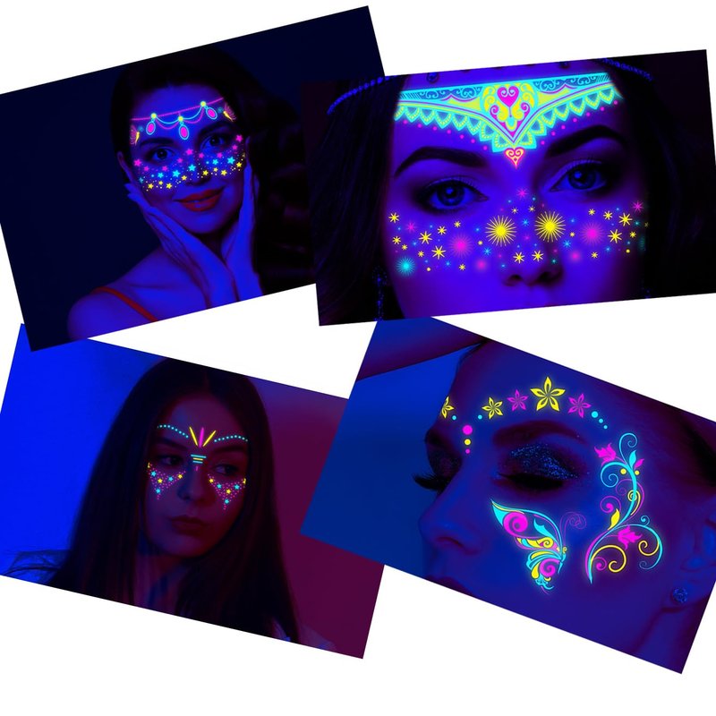 Neon Face Tattoos Glow in The Dark Temporary Tattoos,UV Blacklight Tattoos Stickers Body Face Flowers Butterfly Tattoo for Glow Party Makeup Supplies Favors