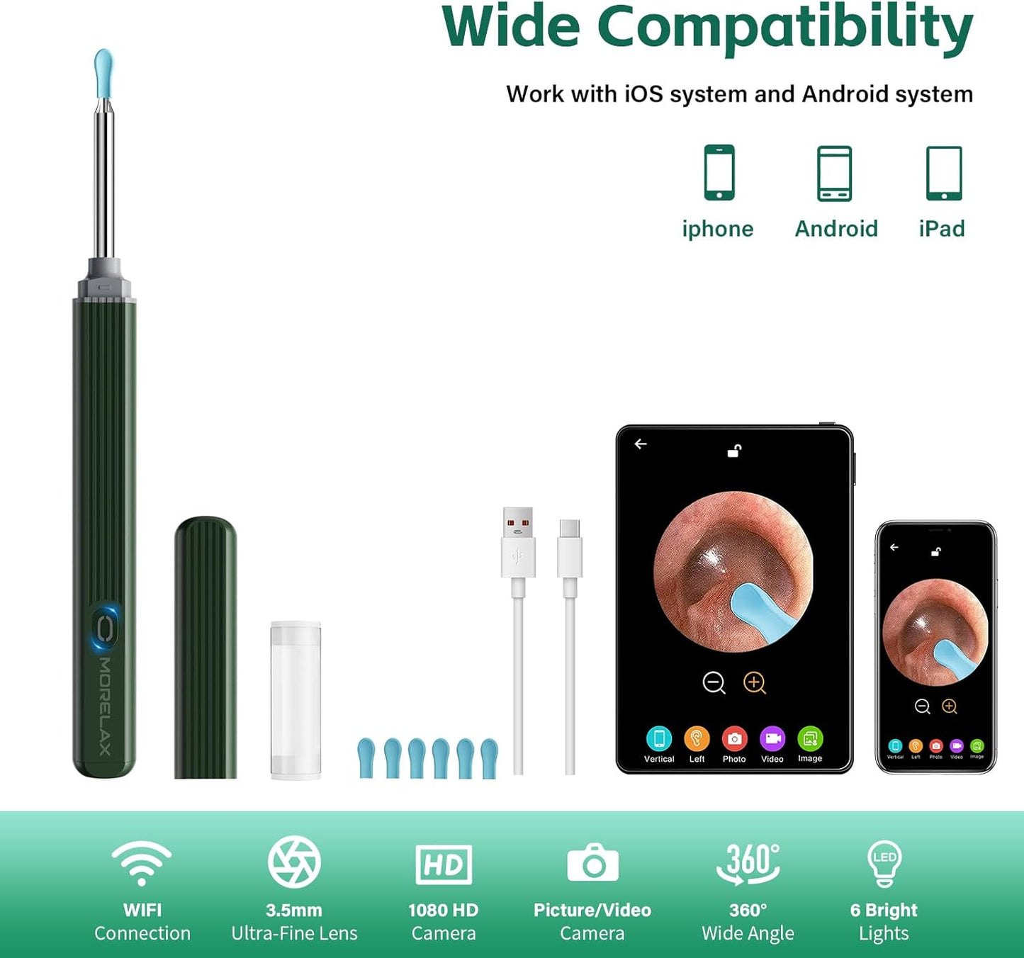 Ear Wax Removal Tool with 8 Pcs Ear Set - Ear Canal Cleaner with 1080P Camera - Ear Cleaning Kit with 6 Ear Scoops - Ear Wax Cleaner with Camera-Otoscope Ear Pick for iOS & Android Turquoise