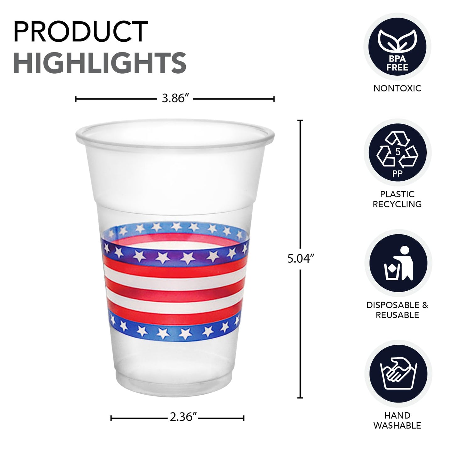 Party Essentials 20Count Soft Plastic 16 oz Printed Party Cups, Stars & Stripes, Clear
