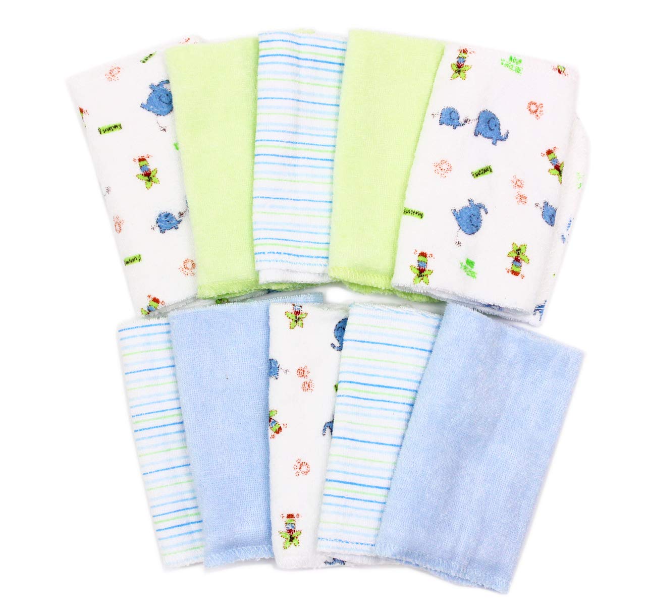 Spasilk Washcloth Wipes Set for Newborn Boys and Girls, Soft Terry Washcloth Set, Pack of 10, Blue Elephants
