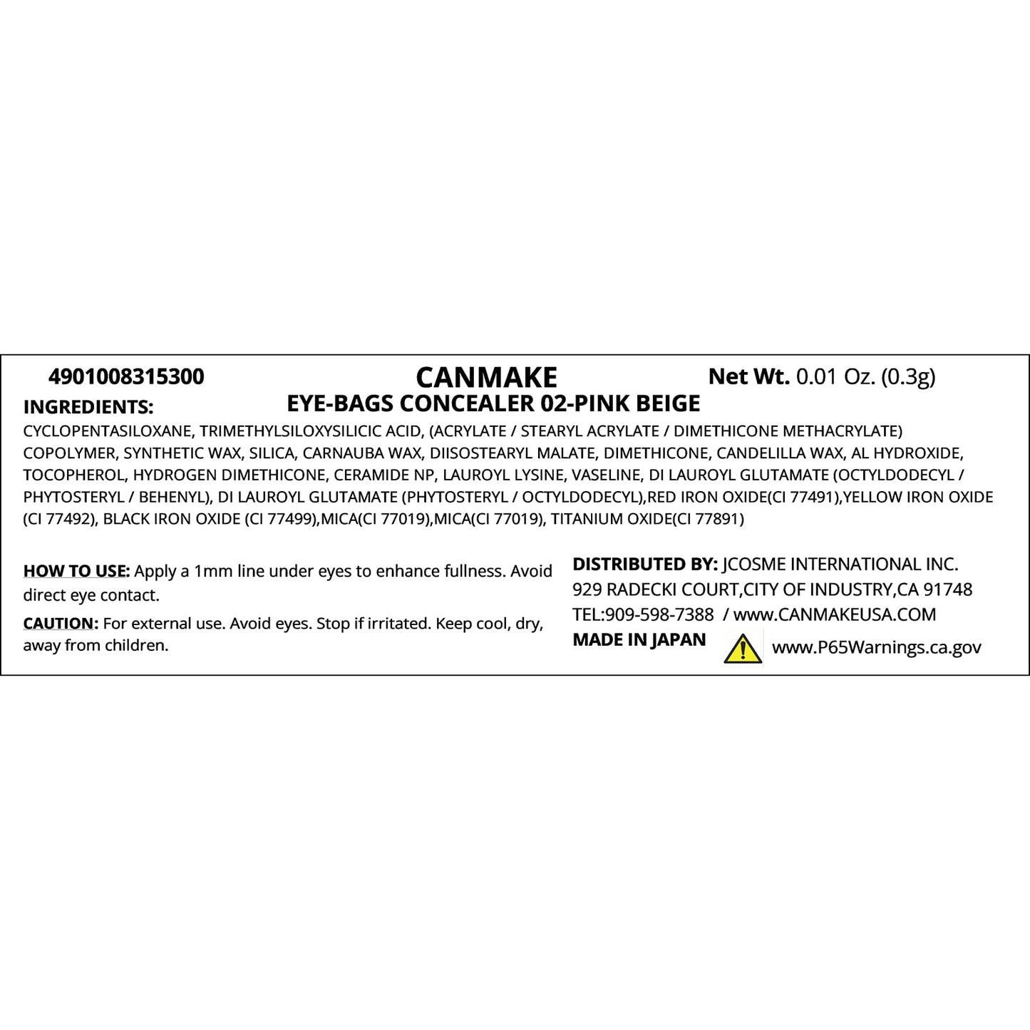 CANMAKE Eye-Bags Concealer 0.01 oz (0.27g), Tear Bag, Waterproof, Stain, Acne, Scar (02 Pink Beige)