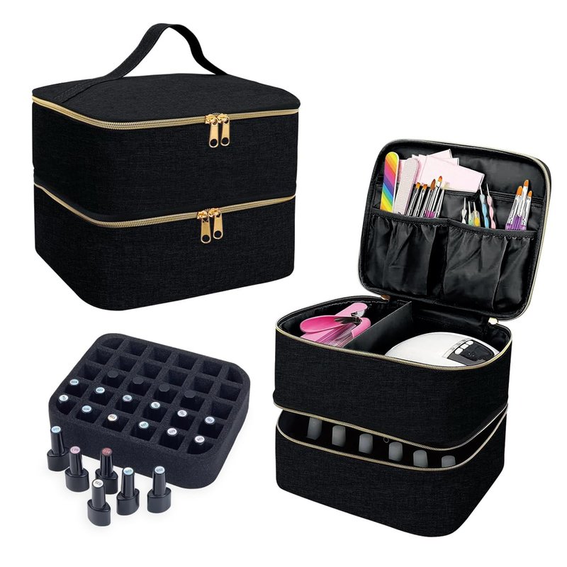 UOZL Nail Polish Organizer, Handheld Double Layer Organizer Holds 30 Bottles (15 ml/0.5 floz) with Adjustable Dividers for Nail Polish Small Manicure Lamp Manicure Tools Essential and Travel,Black