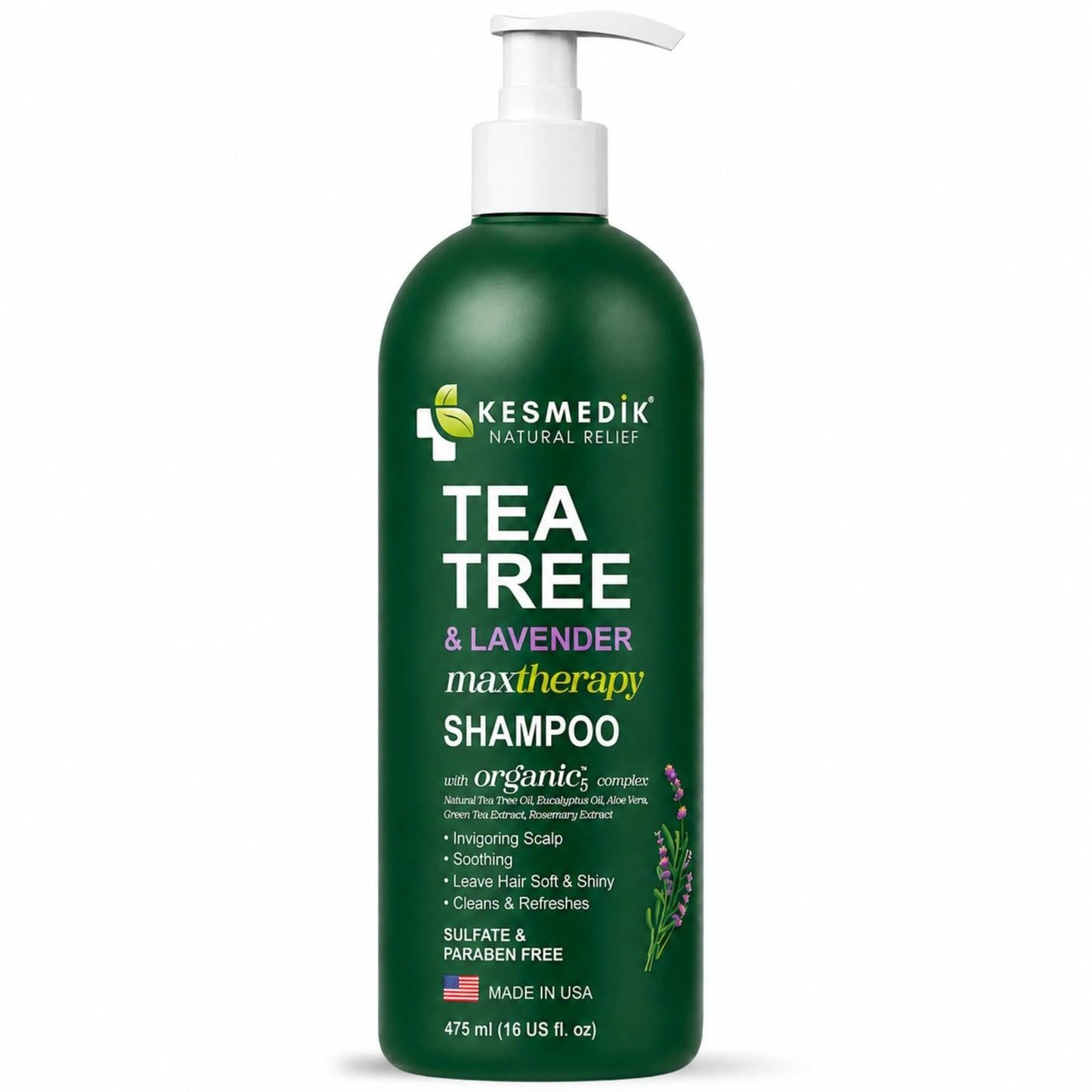 KESMEDIK Tea Tree Lavender Eucalyptus Shampoo with MaxTherapy with 100% Tea Tree Oil for Hair, Helps Refresh Itchy Scalp, Deep Clean Oily Hair, Dandruff & Buildup, Sulfate-Free, Women & Men, 16 fl oz