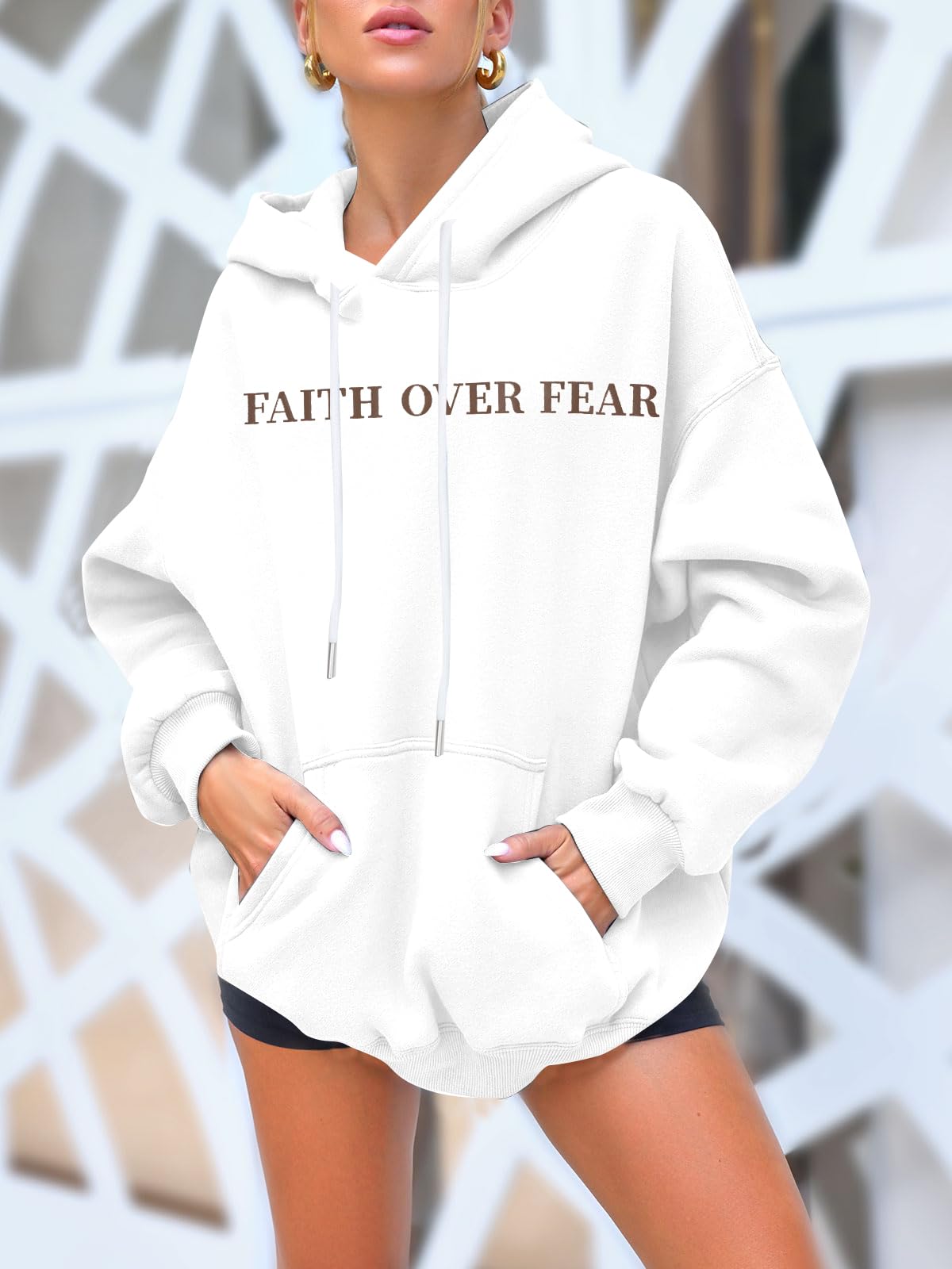 BANGELY Faith Over Fear Hoodie Women Christian Sweatshirt Graphic Christian Religious Sayings Sweater Bible Pullover Tops White