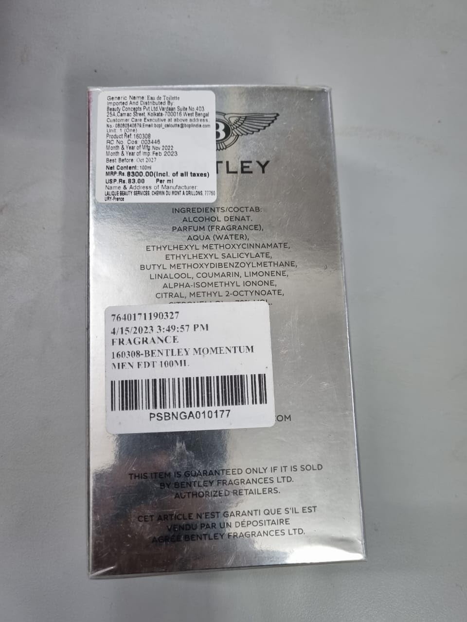 Bentley Momentum Men EDT Spray 3.4 oz