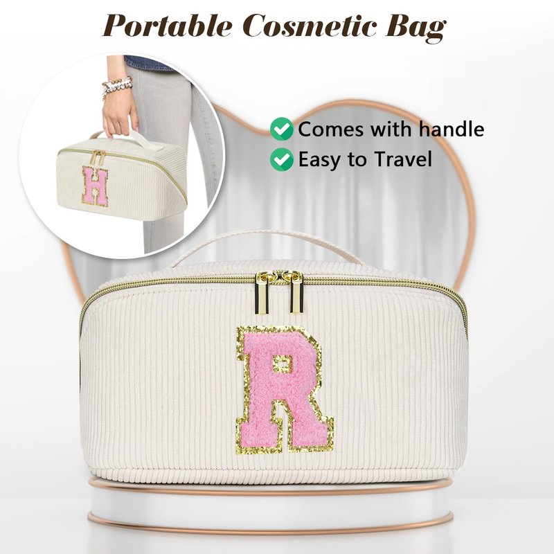 DTBG Personalized Initial Makeup Bag, Valentine's Day Gifts for Girls,Preppy Bag Cosmetic Travel Bag Women,Travel Toiletry Organizer,Large Capacity Corduroy Stuff Bag,Cute Cosmetic Pouch Skincare Bag