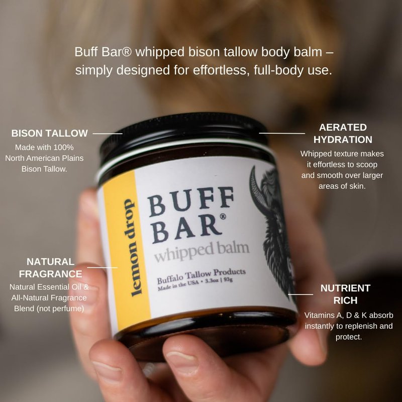 Big Crazy Buffalo Buff Bar Pure Whipped Bison Tallow Body Balm, Lemon Drop - Jojoba, All Purpose, Hydrating, Naturally Derived, Mild Scent, Replaces Lotion, For Dry, Sensitive Skin, Essential Oil