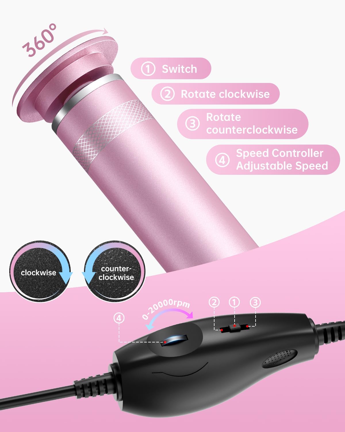 Electric Foot Callus Remover, Upgrade Electric Foot File Callus Remover for Feet, Adjustable Speed Foot File with 60 Pcs Sandpaper Discs, Foot Scrubber for Cracked, or Tough Skin and Calluses, Pink