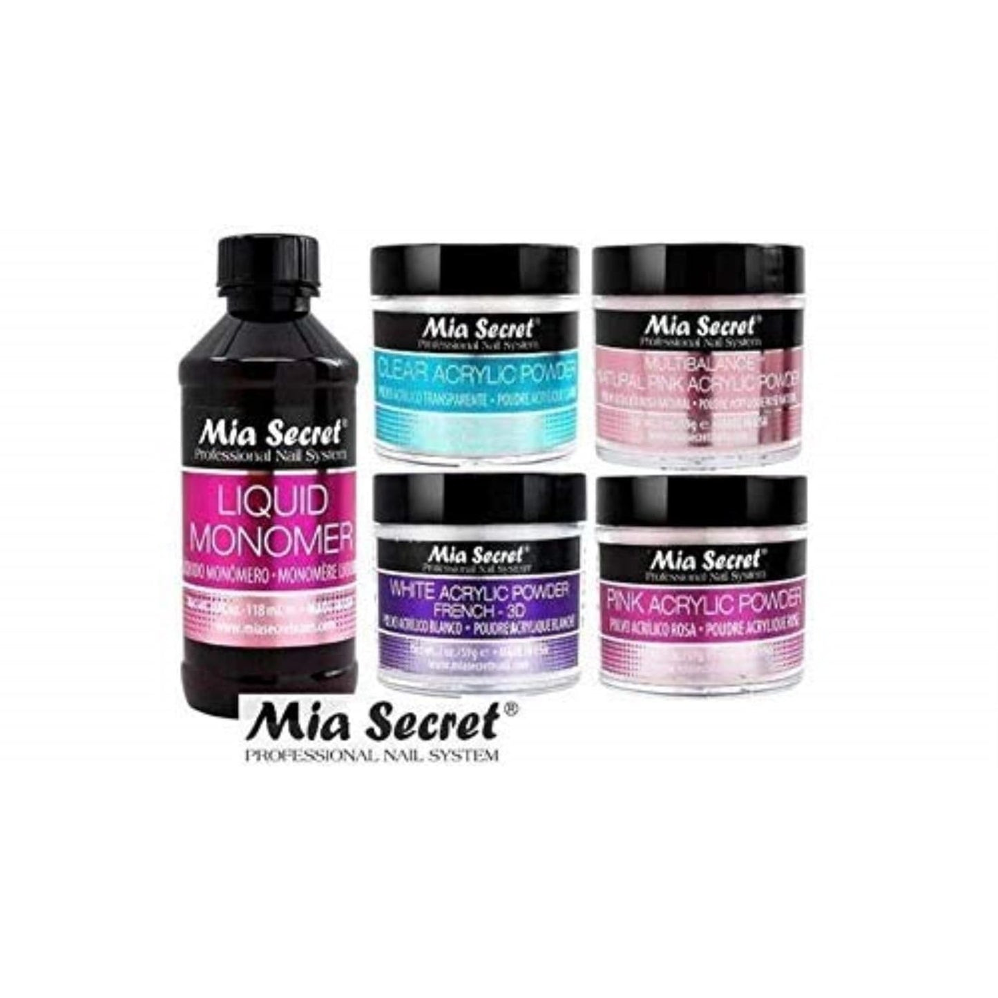 MIA SECRET Liquid Monomer & Acrylic Powder Set - Pink, Clear, 3D White | 4 oz Monomer, 2 oz Each Powder