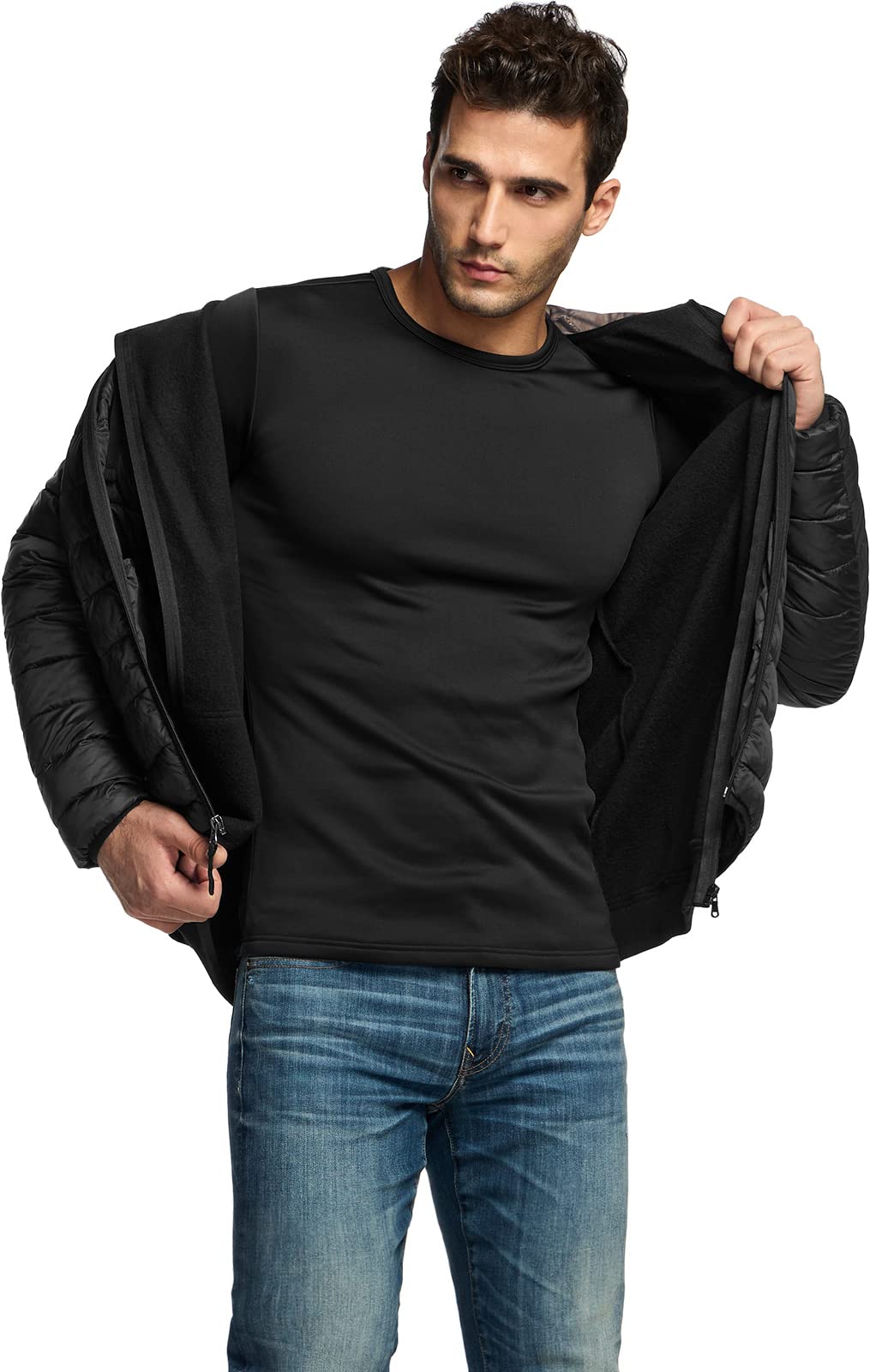 TSLA Men's Thermal Underwear Set, Microfiber Soft Fleece Lined Long Johns, Winter Warm Base Layer Top & Bottom, Heavyweight Fleece Black, Large