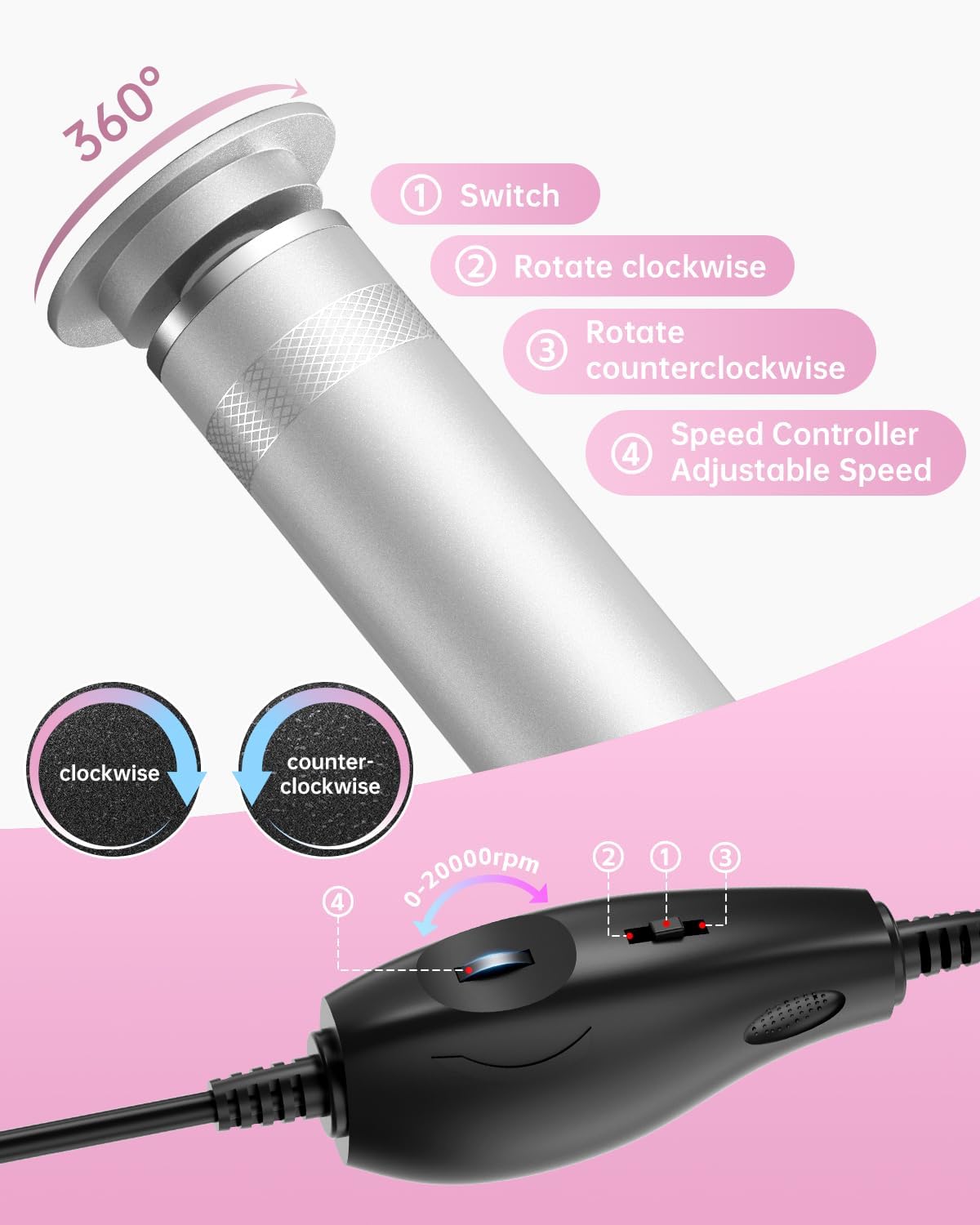 Electric Foot Callus Remover, Upgrade Electric Foot File Callus Remover for Feet, Adjustable Speed Foot File with 60 Pcs Sandpaper Discs, Foot Scrubber for Cracked, or Tough Skin and Calluses, Pink