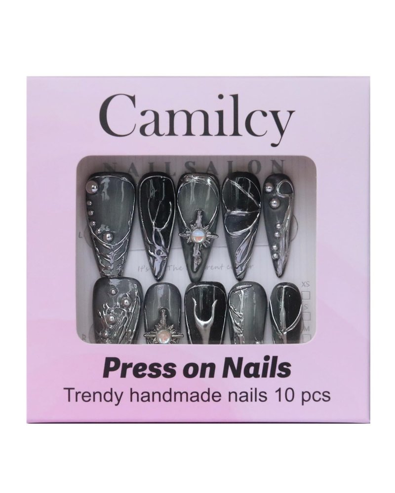 CAMILCY Luxury Handmade Press On Nails Gray Silver Gradient Almond 3D Design Long Stiletto Fake Nails Salon Quality Reusable Acrylic Nails for Women (B07, M)