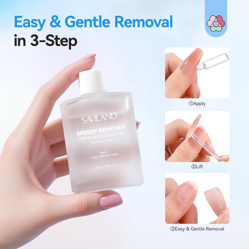 SAVILAND Nail Glue Remover for Press on Nails: 50 ML Solid Gel Glue Remover for Nail Tips, Quick Gentle Removal with Castor Oil VE, Non-Drying Odor-Free Non-Acetone Glue Remover Not for Gel Polish