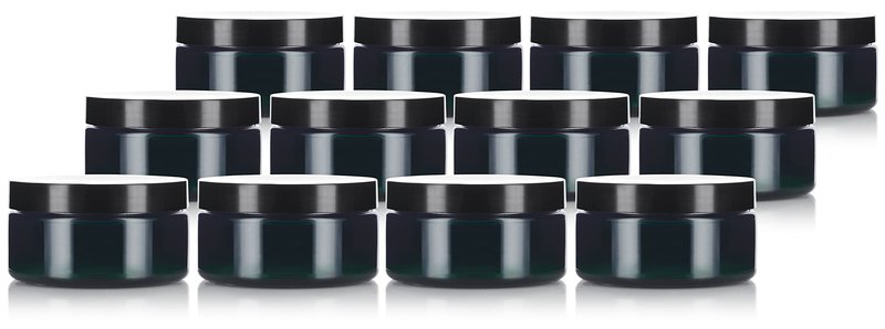 JUVITUS (12 Pack) 8 oz Green PET Plastic Low Profile Jar with Black Smooth Lid