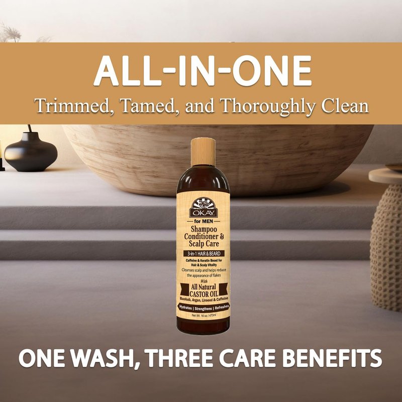 OKAY-MEN 3 in 1 Shampoo and Conditioner - Castor Oil Shampoo and Conditioner, Beard Wash, Clarifying Treatment for Dry Damaged Hair, Dandruff, Curly Hair - 16 Fl Oz (Pack of 2)