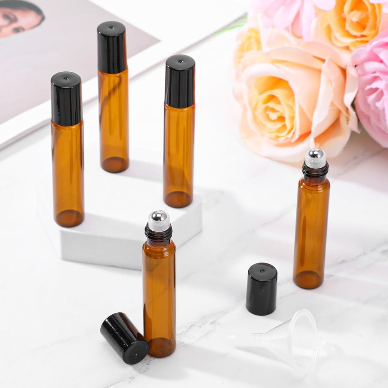 mekueeex 100 Pcs Essential Oil Roller Bottles 10ml Empty Glass Roller Bottles with Stainless Steel Balls Protection Leakproof with 5 Funnel for Travel Perfume Lip Gloss (Brown)