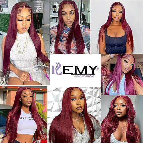 REMY HAIR 99J Lace Front Wigs Human Hair 13x4 Transparent Frontal Lace Straight Wig Pre Plucked with Baby Hair 180% Density Brazilian Virgin Glueless Wigs for Women Burgundy Lace Front Wigs (14 Inch)