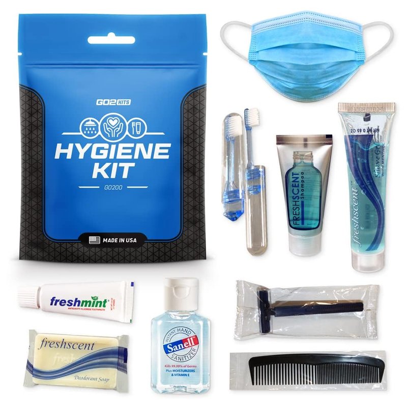 Go2Kits Ultimate Travel Toiletry Kit & PPE Kit, Hygiene Kit with Shaving Supplies & PPE for Travel, Business & Charity with Reusable Toothbrush, Bath Soap & Other Essential Toiletries, 3-Pack (GO200)