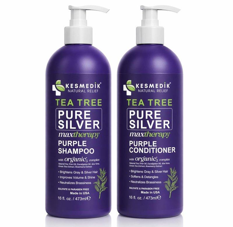 KESMEDIK Tea Tree Purple Shampoo & Conditioner Set with Rosemary & Aloe, Professional Anti Brass Toner, Removes Yellow Tones for Gray, Bleached, White & Blonde Hair, Refreshes Scalp, Sulfate-Free