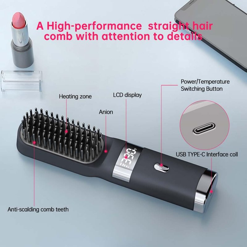 Cordless Hair Straightener Brush Portable on The go Comb for Travel USB chargingTwo Power sources30s Fast HeatingLCD Large Screen Display (Black) 040404