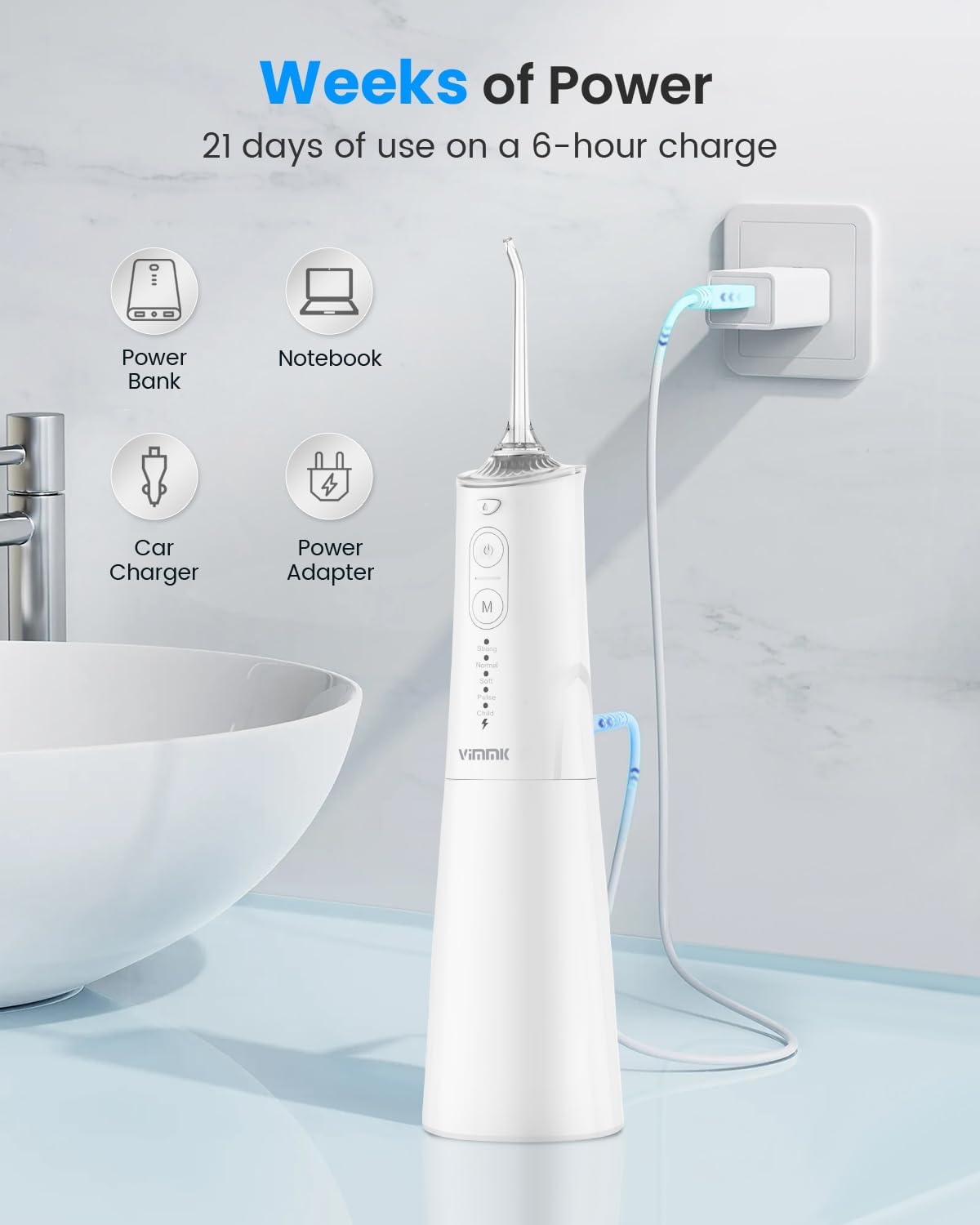 Water Flosser | Cordless Portable Dental Irrigator with 9 Jet Tips & 5 Modes - 300ML, IPX7 Waterproof (White)