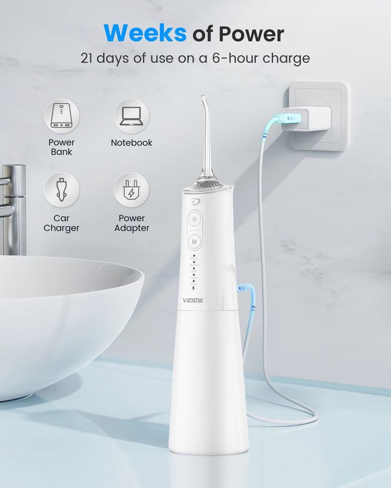 Water Flosser | Cordless Portable Dental Irrigator with 9 Jet Tips & 5 Modes - 300ML, IPX7 Waterproof (White)