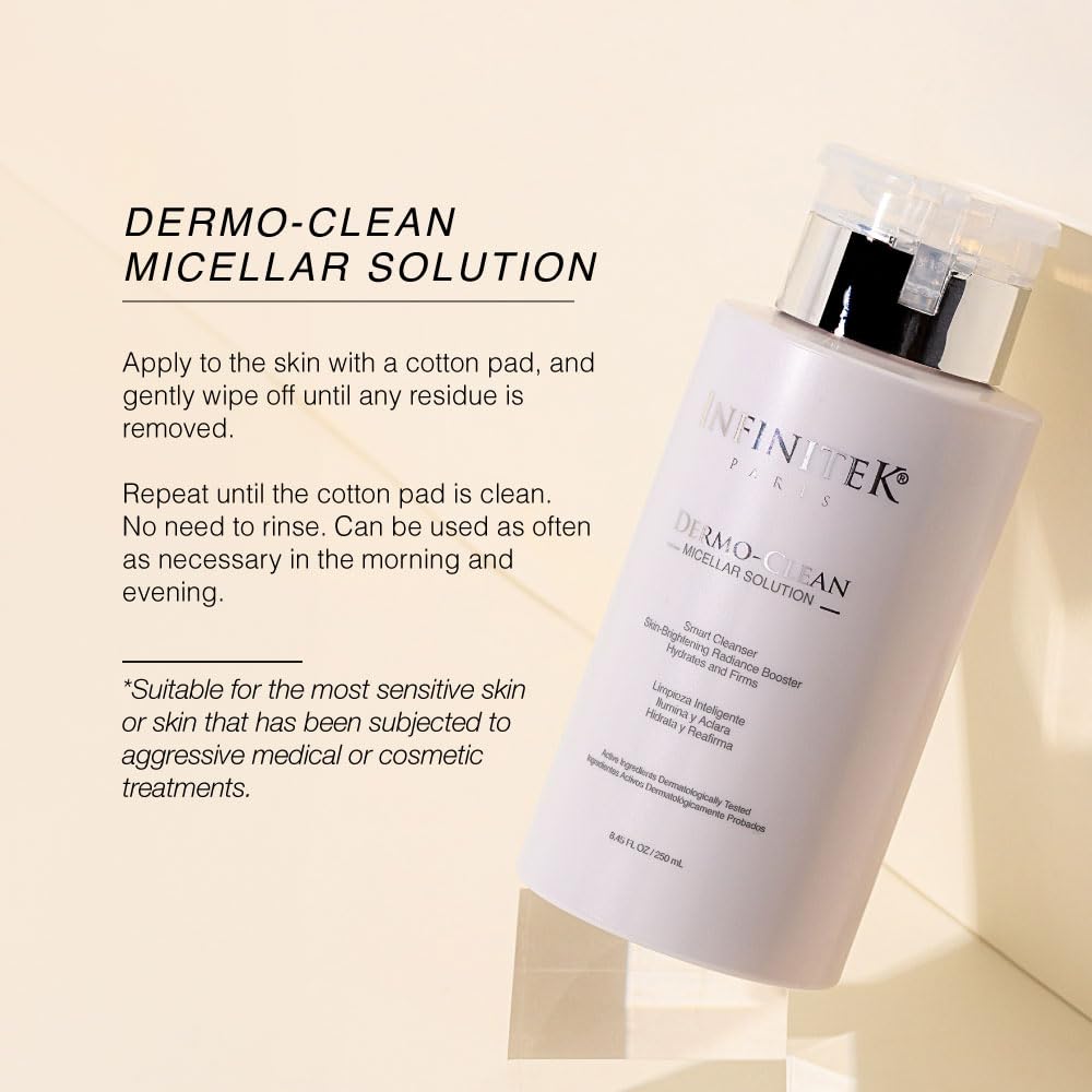 Infinitek Paris Dermo-Clean Micellar Water | Gentle Micellar Cleansing Water & Waterproof Eye Makeup Remover Liquid | Alcohol & Fragrance-Free | 8.45 fl oz / 250 ml