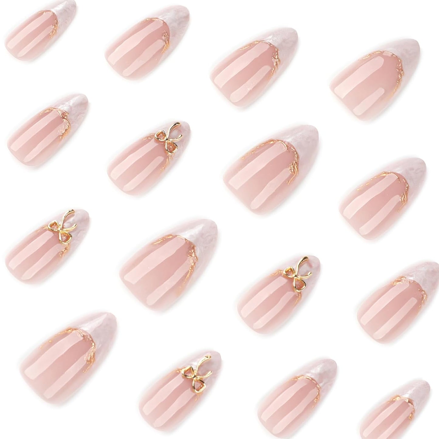 French Tip Almond Press-On Nails with Gold Bow | Reusable Glossy Acrylic False Nails for Women
