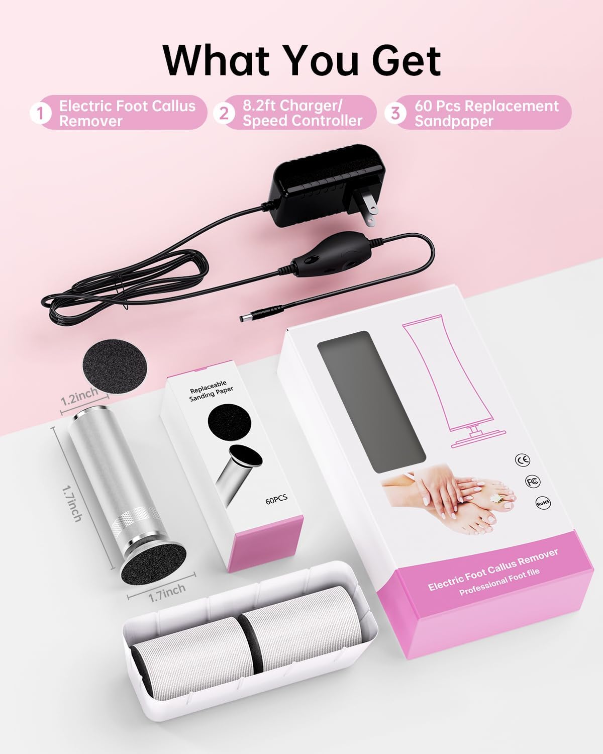 Electric Foot Callus Remover, Upgrade Electric Foot File Callus Remover for Feet, Adjustable Speed Foot File with 60 Pcs Sandpaper Discs, Foot Scrubber for Cracked, or Tough Skin and Calluses, Pink