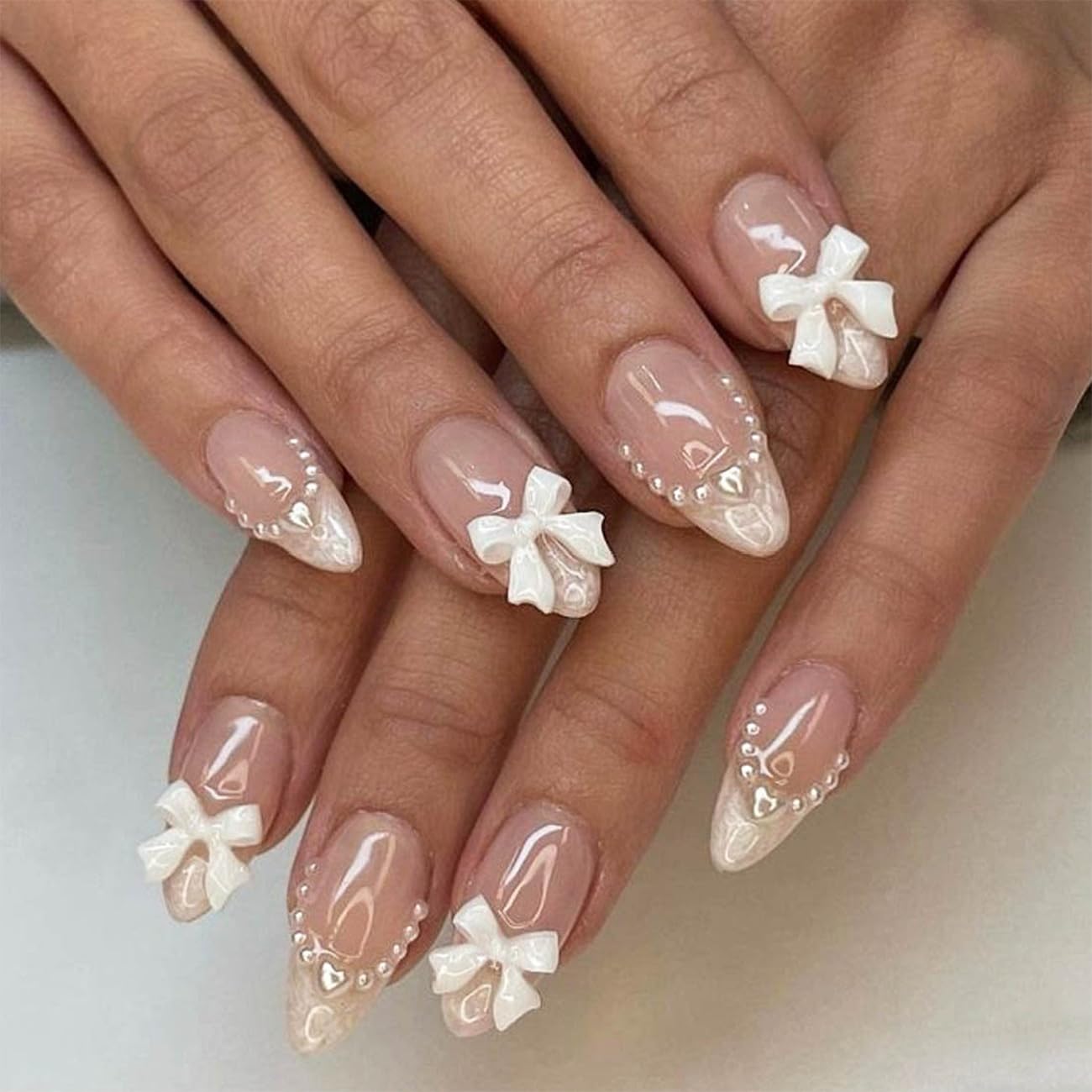 24pcs French Tip Press-On Nails - Short, Charms, Bow, Flower Design, Pink, Cute, Square Shape, Acrylic, Rhinestones