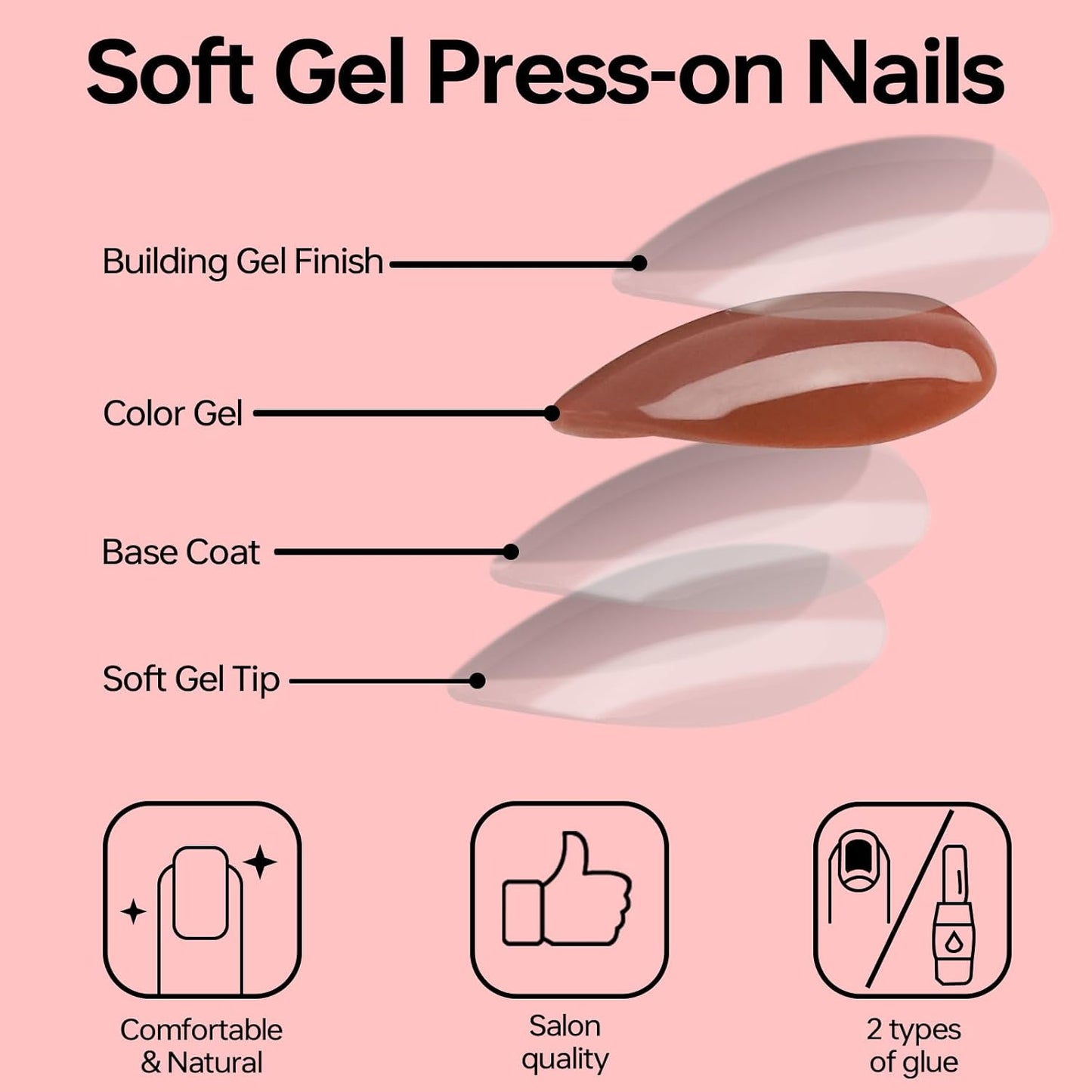 French Almond Gel Press On Nails Short 16 Sizes Fake Nails Glossy 32pcs, Nail Glue Included