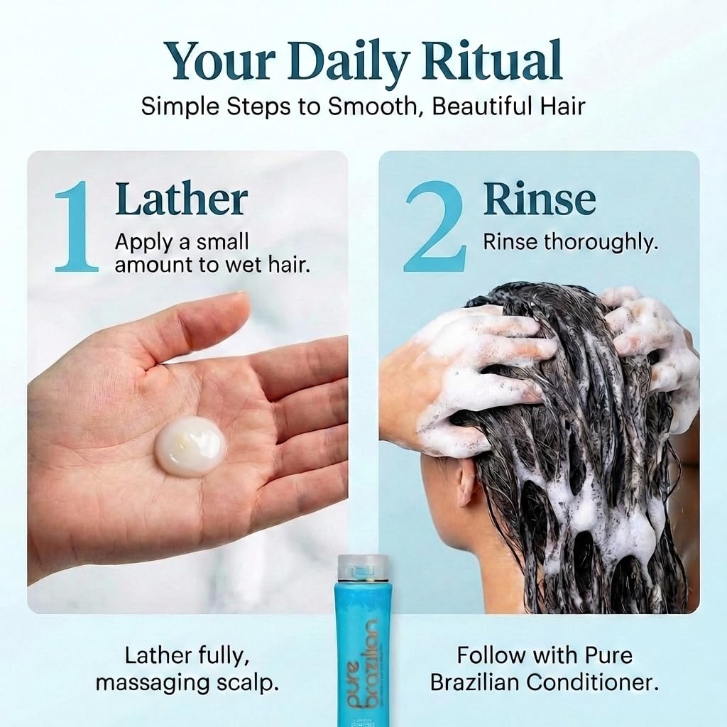 Pure Brazilian Anti-Frizz Daily Shampoo, Salt-Free, Color Safe, with Keratin, Argan Oil & Acai for Prolonged Treatment & Smooth Hair, 13.5 Oz