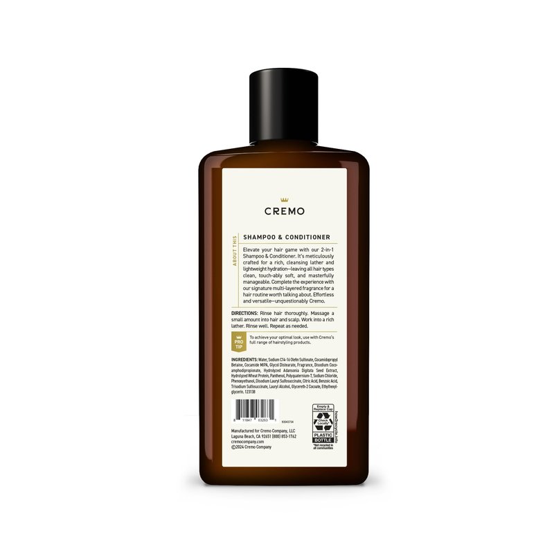Cremo Bourbon & Oak 2-in-1 Shampoo & Conditioner, Barber Grade Quality That Moisturizes and Cleanses All Hair Types, 16 Fl Oz