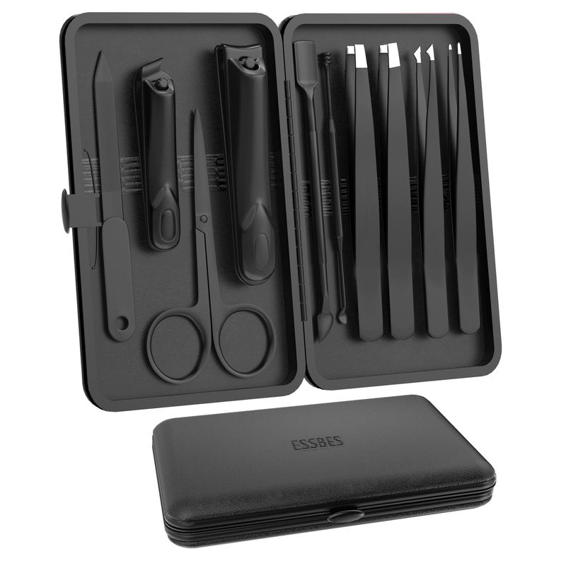 ESSBES Manicure Set 10 in 1 Stainless Steel Nail Clippers Scissors Tweezers Grooming Kit with Travel Case (Black)