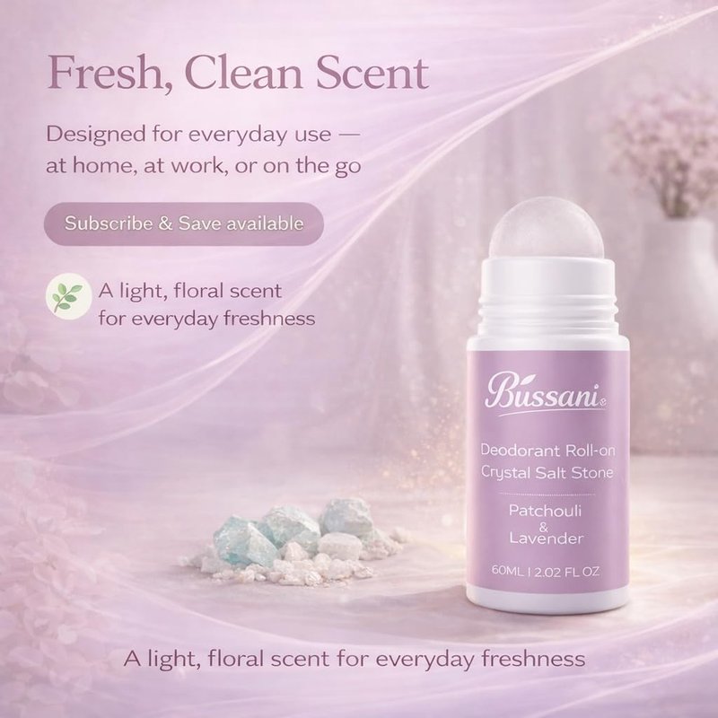 Bussani Women's Roll-On Deodorant | Salt Stone Formula, Long-Lasting & Aluminum-Free | 24-Hour Odor Protection | Gifts for Her ֻ| Fragrance: Lavender Patchouli Scent, 2.02 fl oz, Pack of 3