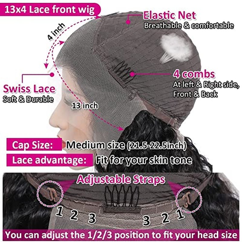 13x4 Human Hair Lace Front Wigs for Black Women 180% Density Brazilian Deep Wave HD Transparent Lace Front Wig with Baby Hair Pre Plucked Bleached Knots(18inch,Natural Black)